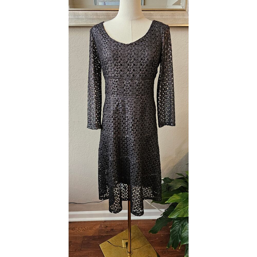 Vintage Anne Klein Metallic Lace Cocktail Mini Dress Women Size 4 Black Shimmery